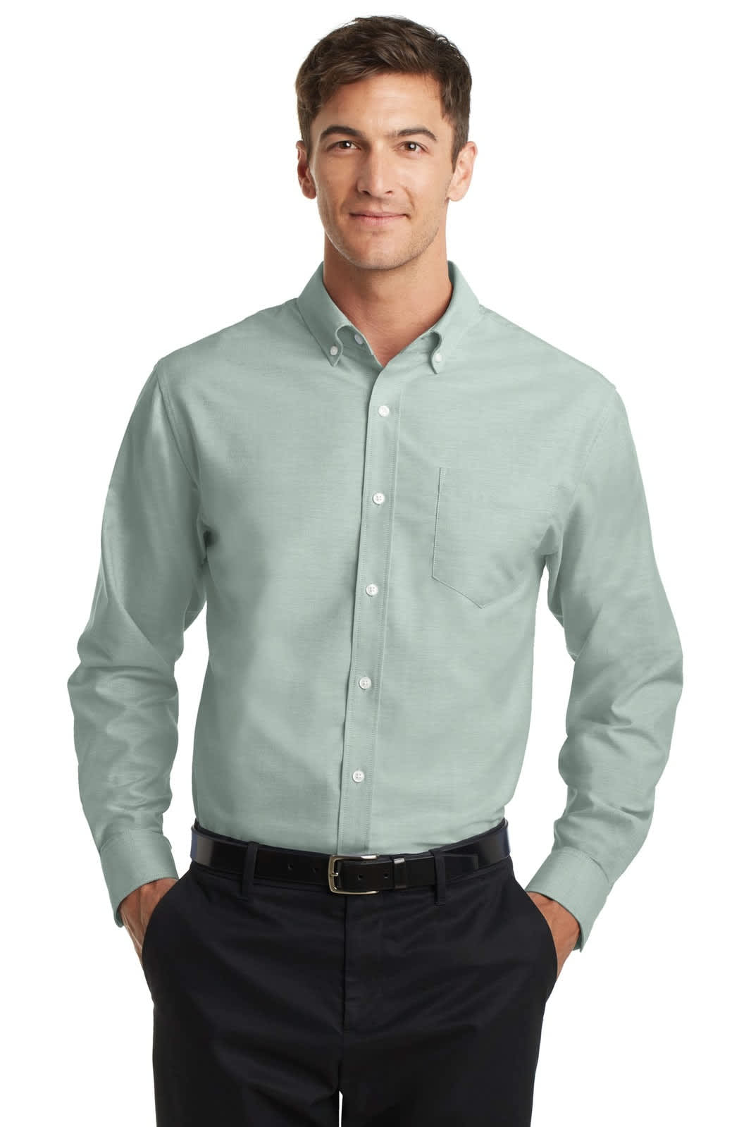 A light green button-up shirt with a collar, long sleeves, and a chest pocket, featuring a logo.