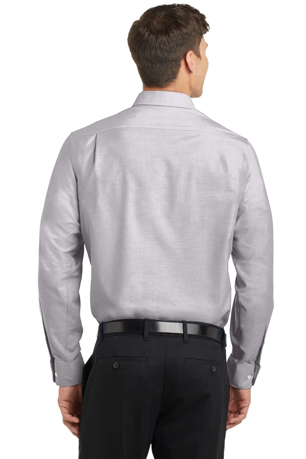 A person wearing a grey button-up Oxford shirt, viewed from the back. The shirt has a collar and features a logo.