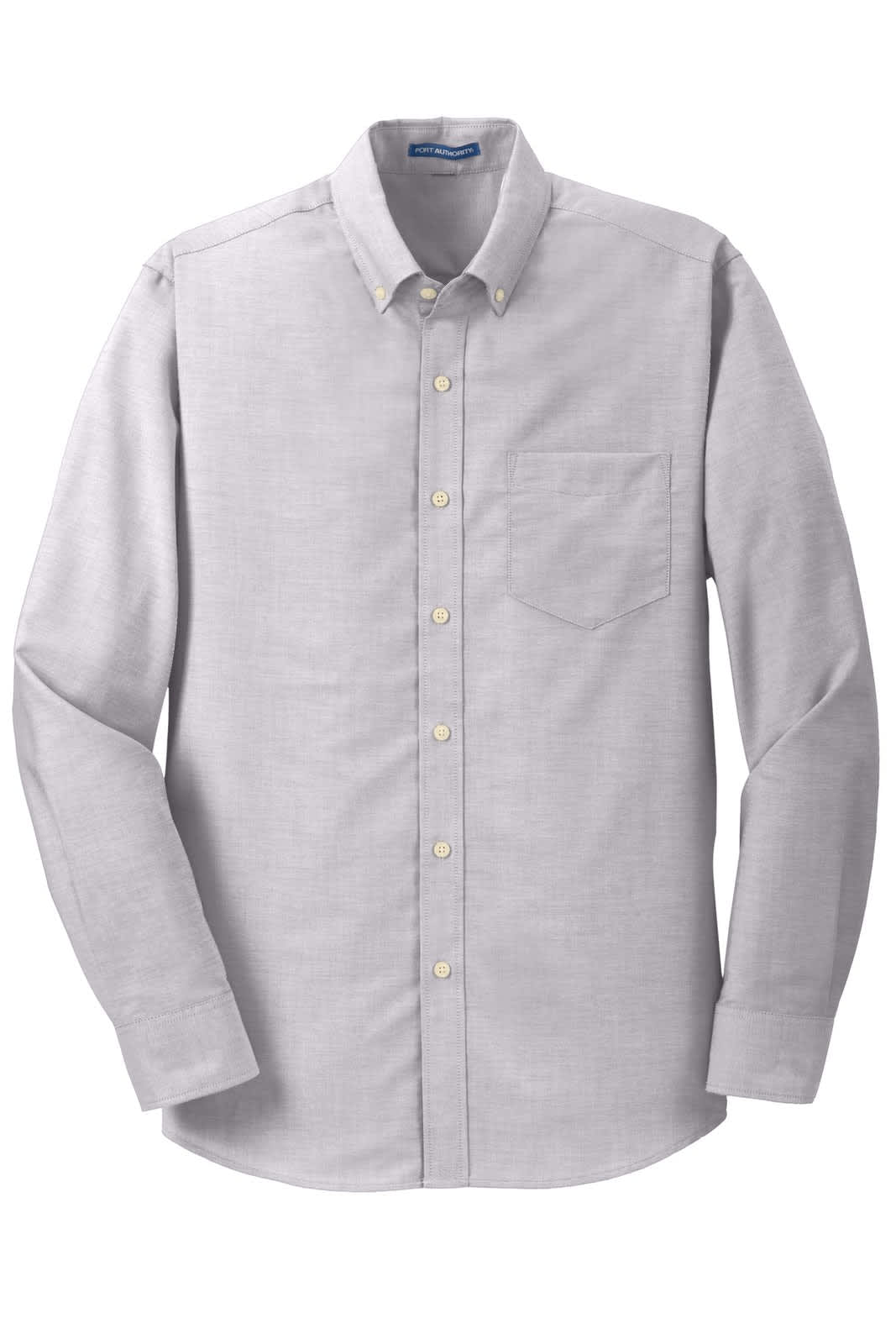 A grey button-up shirt with long sleeves, featuring a chest pocket and a logo.