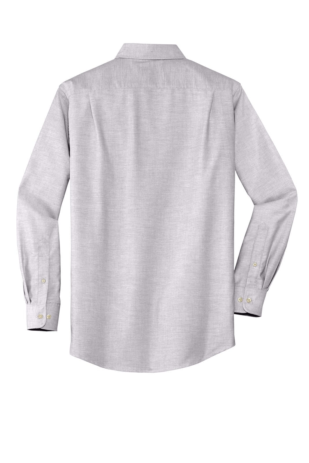A light grey button-up shirt with long sleeves and a back view, featuring a collar and a logo.