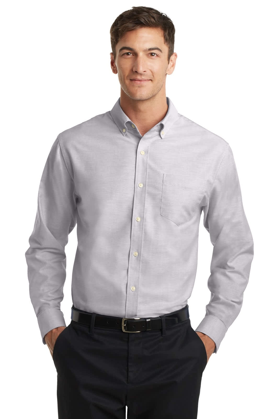 A button-up shirt in light grey with a collar, featuring a pocket and a logo on the chest.
