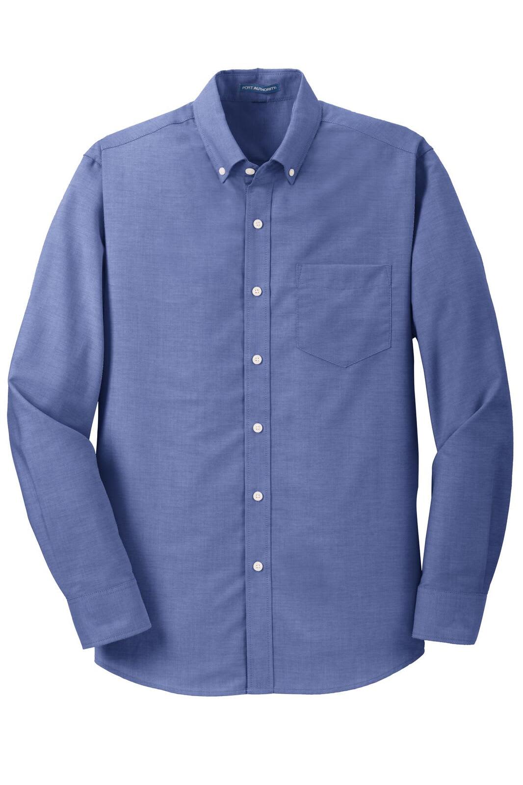 A blue button-up shirt with long sleeves and a chest pocket, featuring a logo.