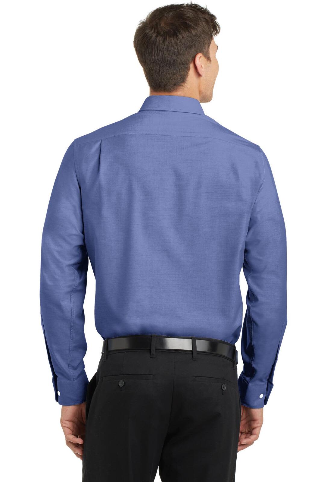 A back view of a blue Port Authority SuperPro Oxford shirt with long sleeves and a branding logo.