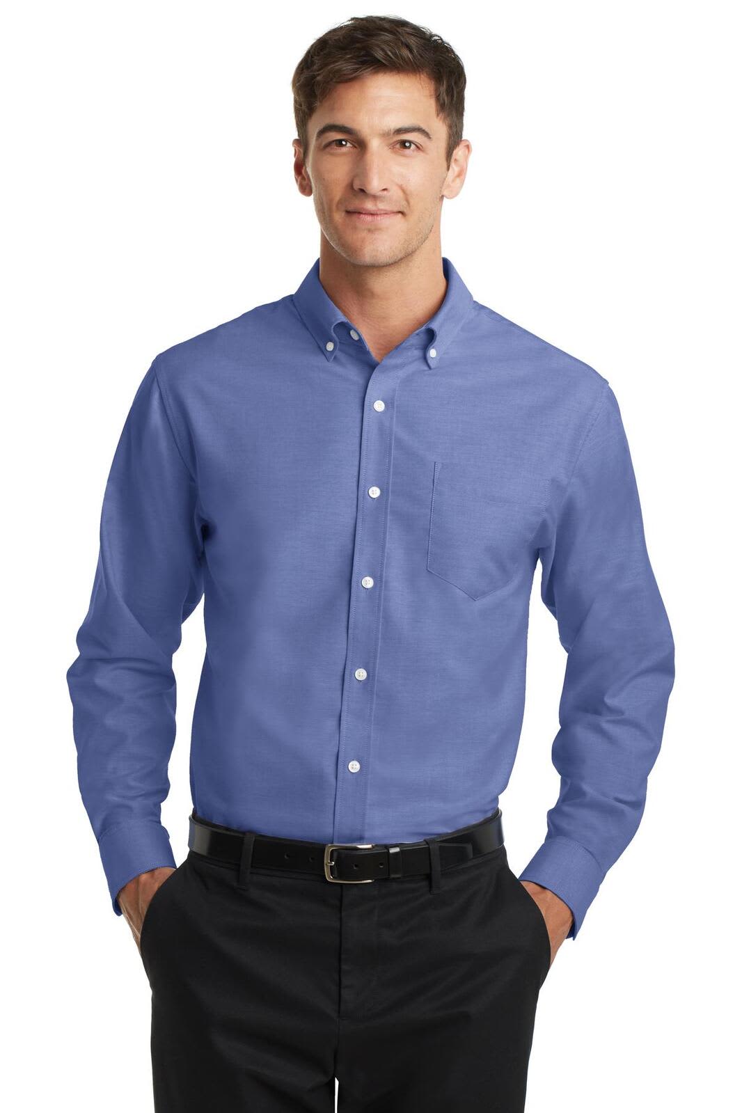 A blue button-up shirt with a collar, featuring a left chest pocket and a logo. Suitable for casual or formal wear.