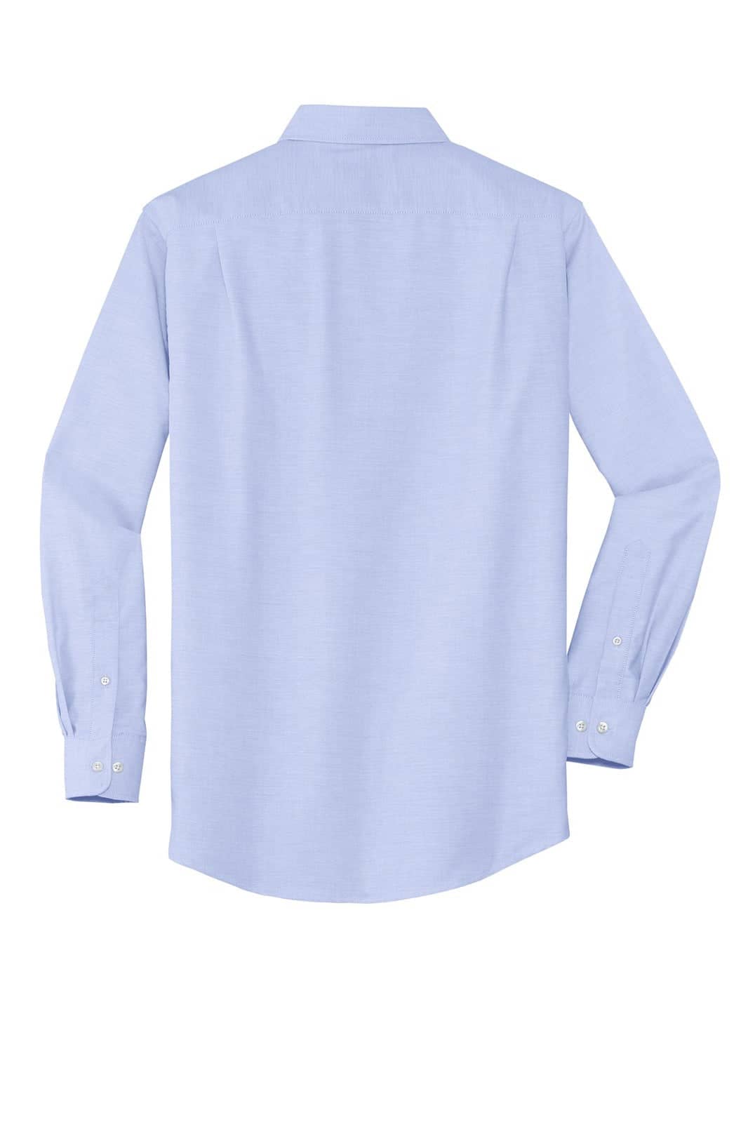 A light blue button-up shirt with long sleeves and a collar, featuring a logo on the back.
