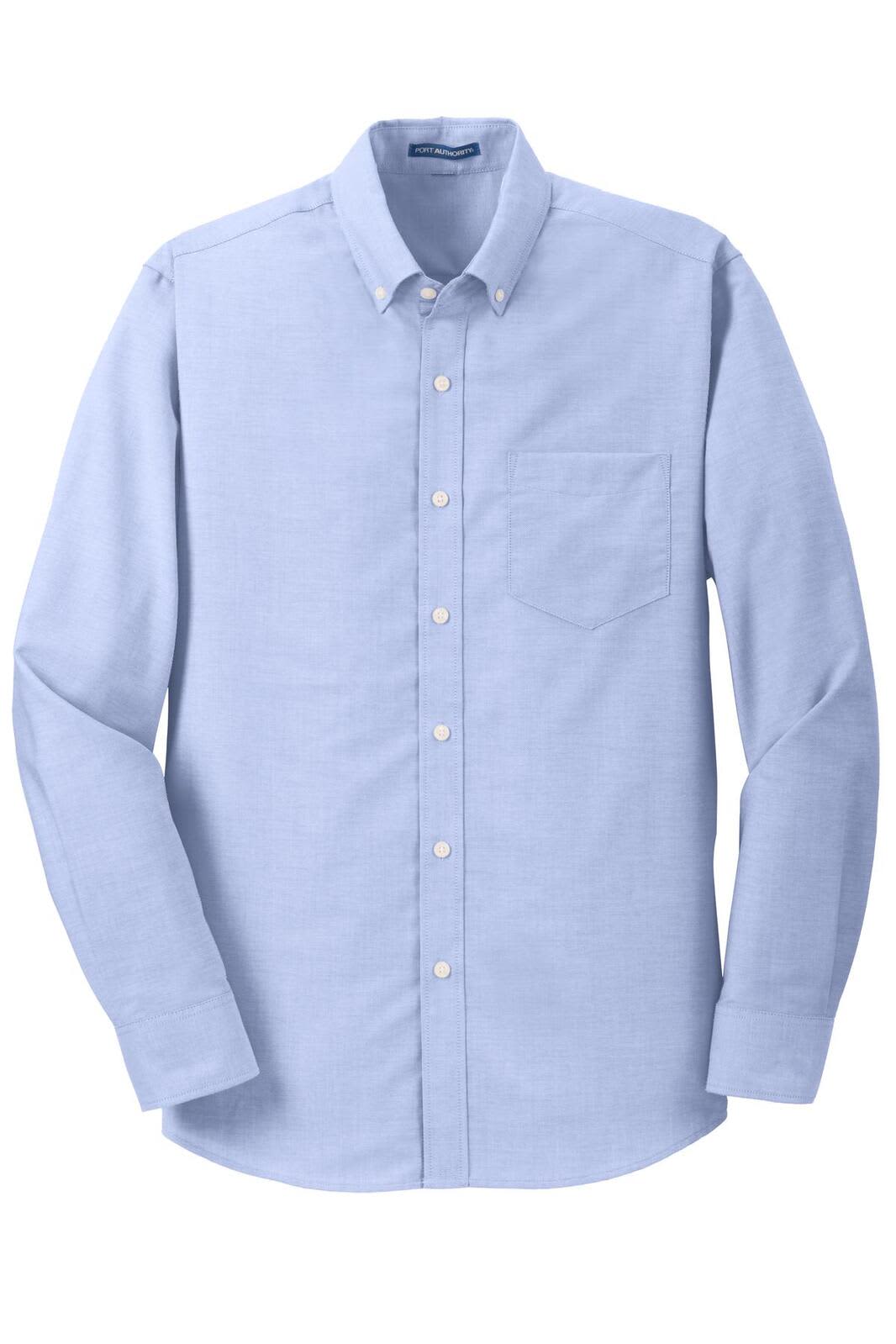 A light blue button-up shirt with long sleeves and a front pocket, featuring a logo.