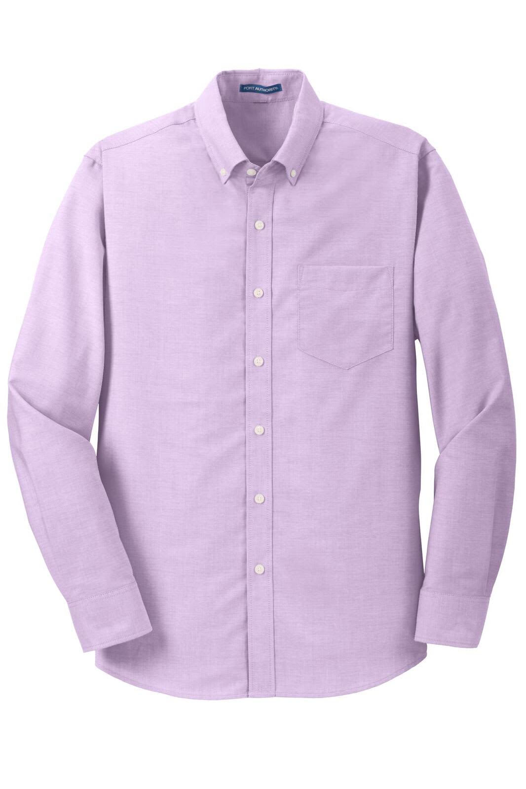 A lilac button-up shirt with long sleeves and a single chest pocket, featuring a logo.