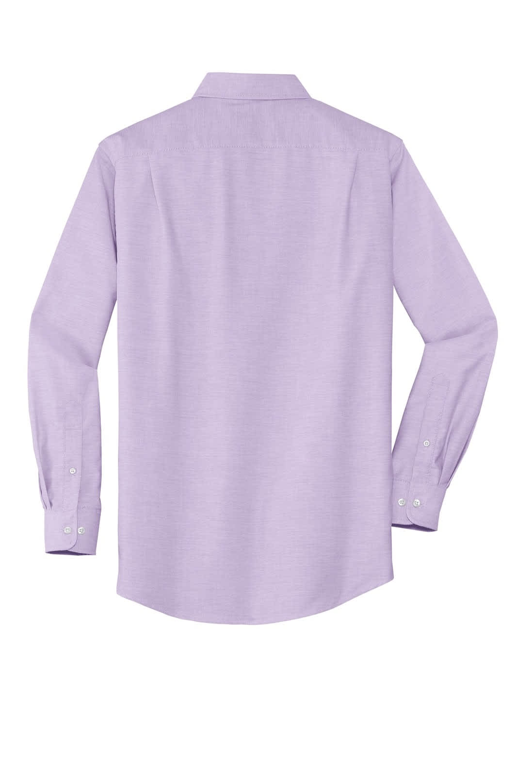 A light purple button-up shirt with long sleeves, featuring a collar and a logo on the back.