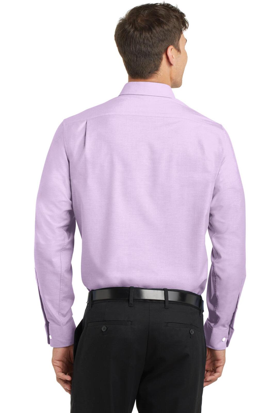 A button-up shirt in light purple with a back view, featuring a logo and a tailored fit.