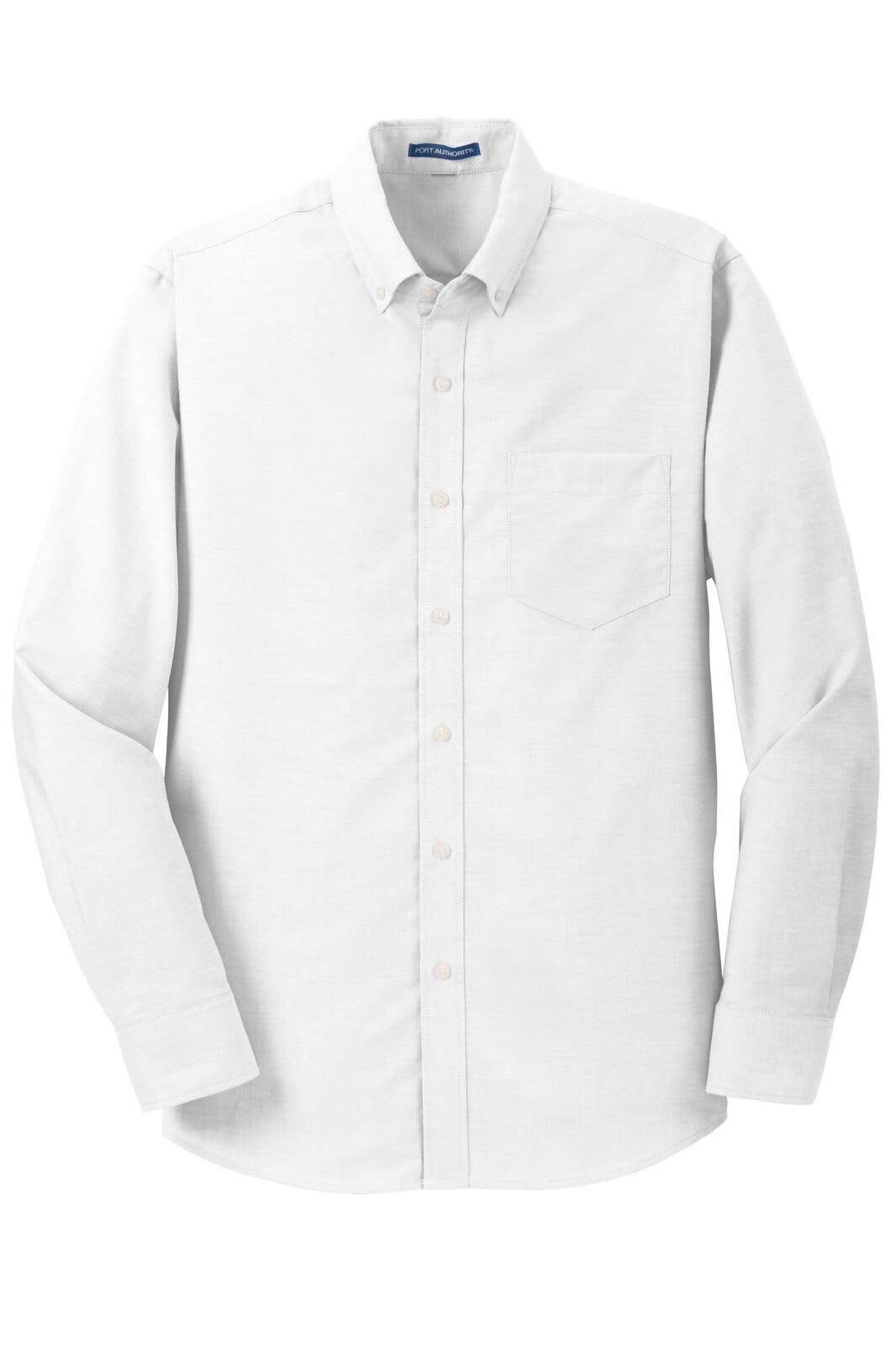 A white button-up shirt with long sleeves and a chest pocket, featuring a logo on the collar.