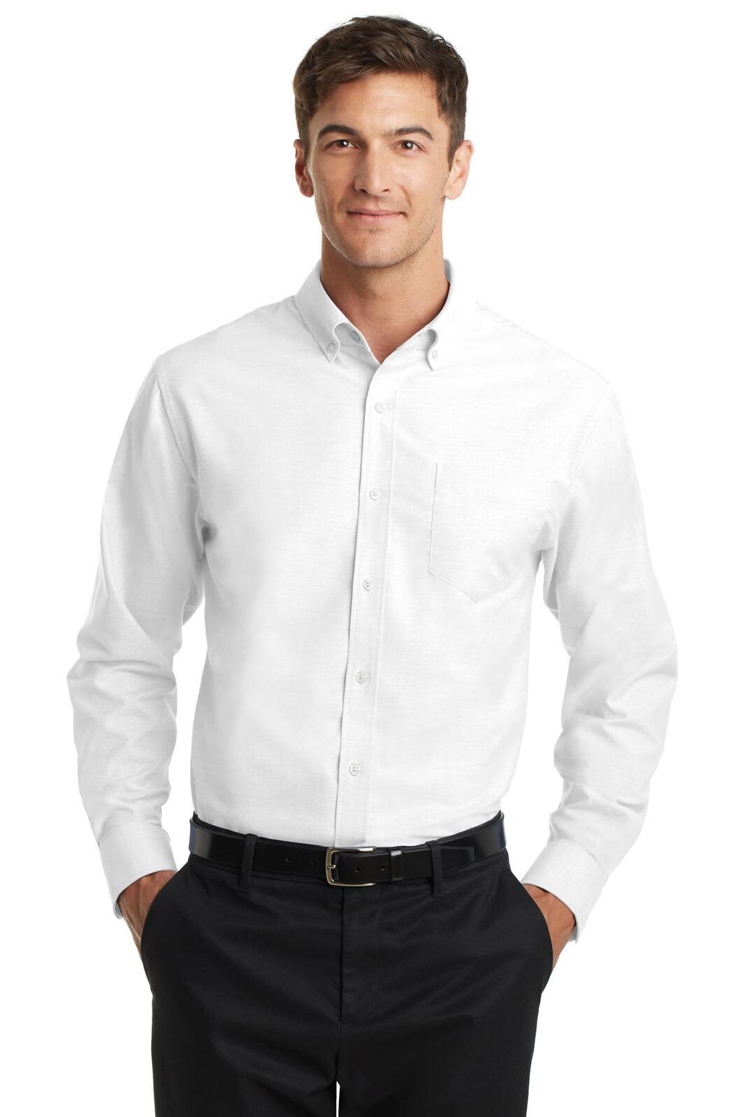 A white button-up shirt with long sleeves and a chest pocket, featuring a branding logo.