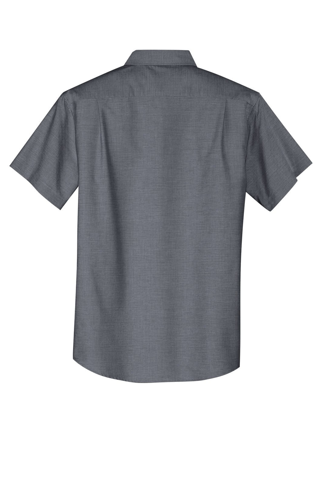 A short sleeve button-up shirt in dark grey, featuring a plain back design and a collar. Includes a logo.