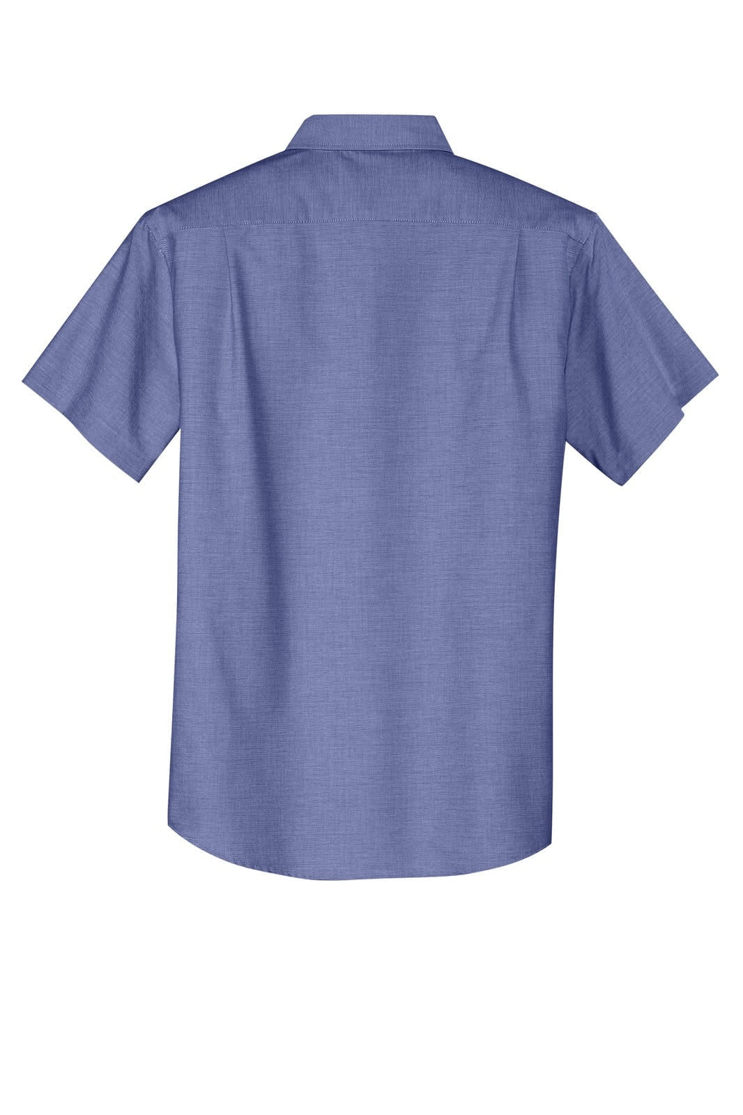 A short sleeve button-up shirt in a blue hue, featuring a collar and a back view with branding.
