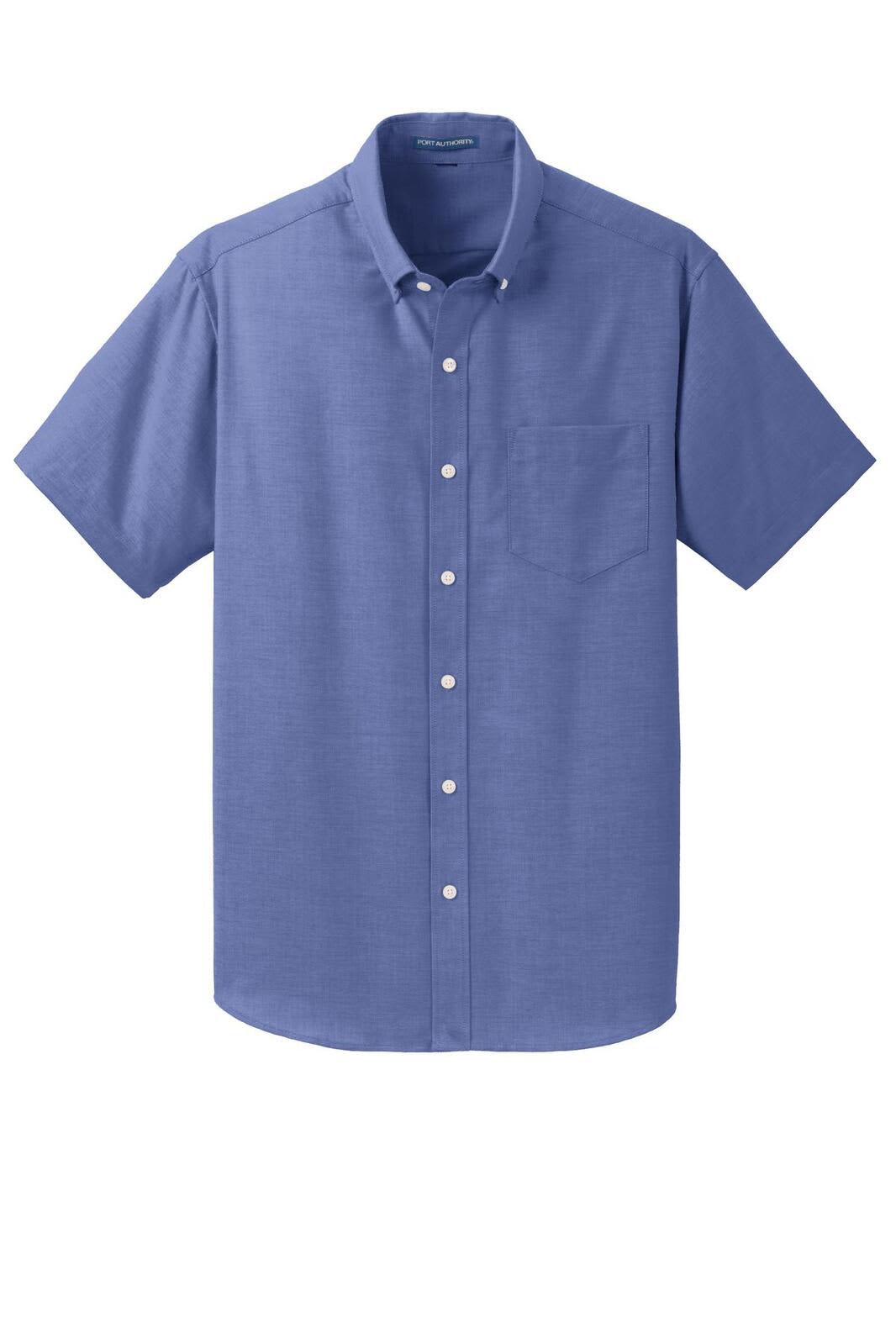 A short sleeve button-up shirt in light blue with a single chest pocket and a logo on the fabric.