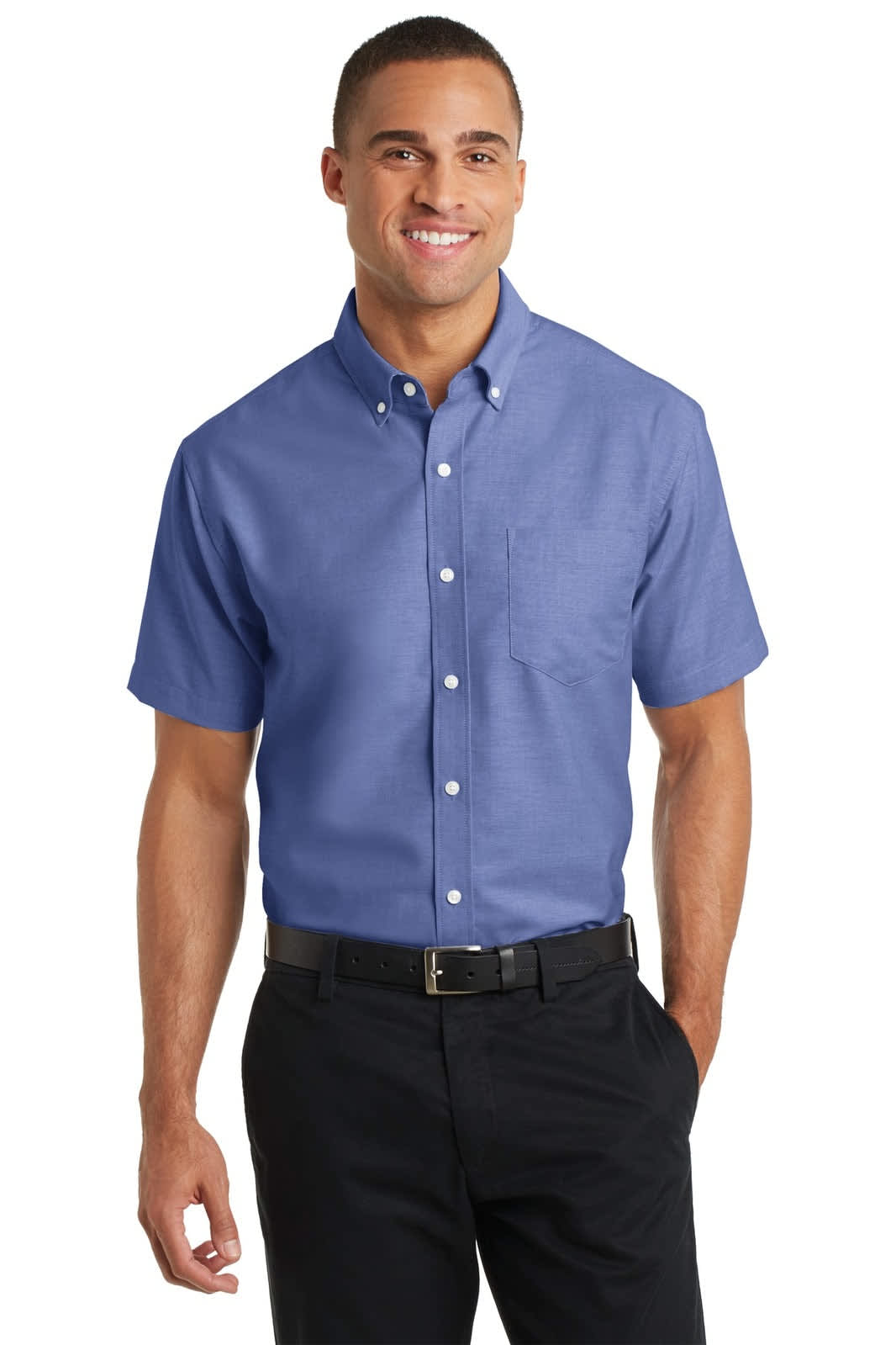A short sleeve button-up shirt in blue with a collar, featuring a logo, paired with dark trousers.