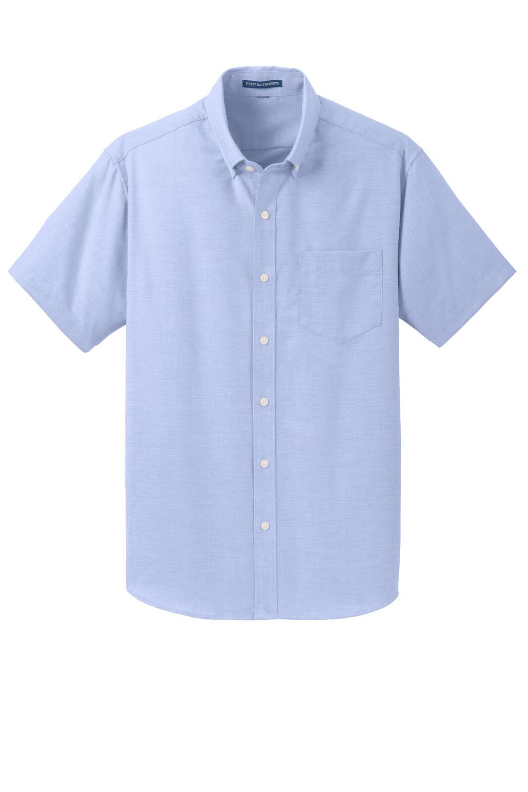 A short sleeve light blue button-up shirt with a chest pocket and a logo on the collar.
