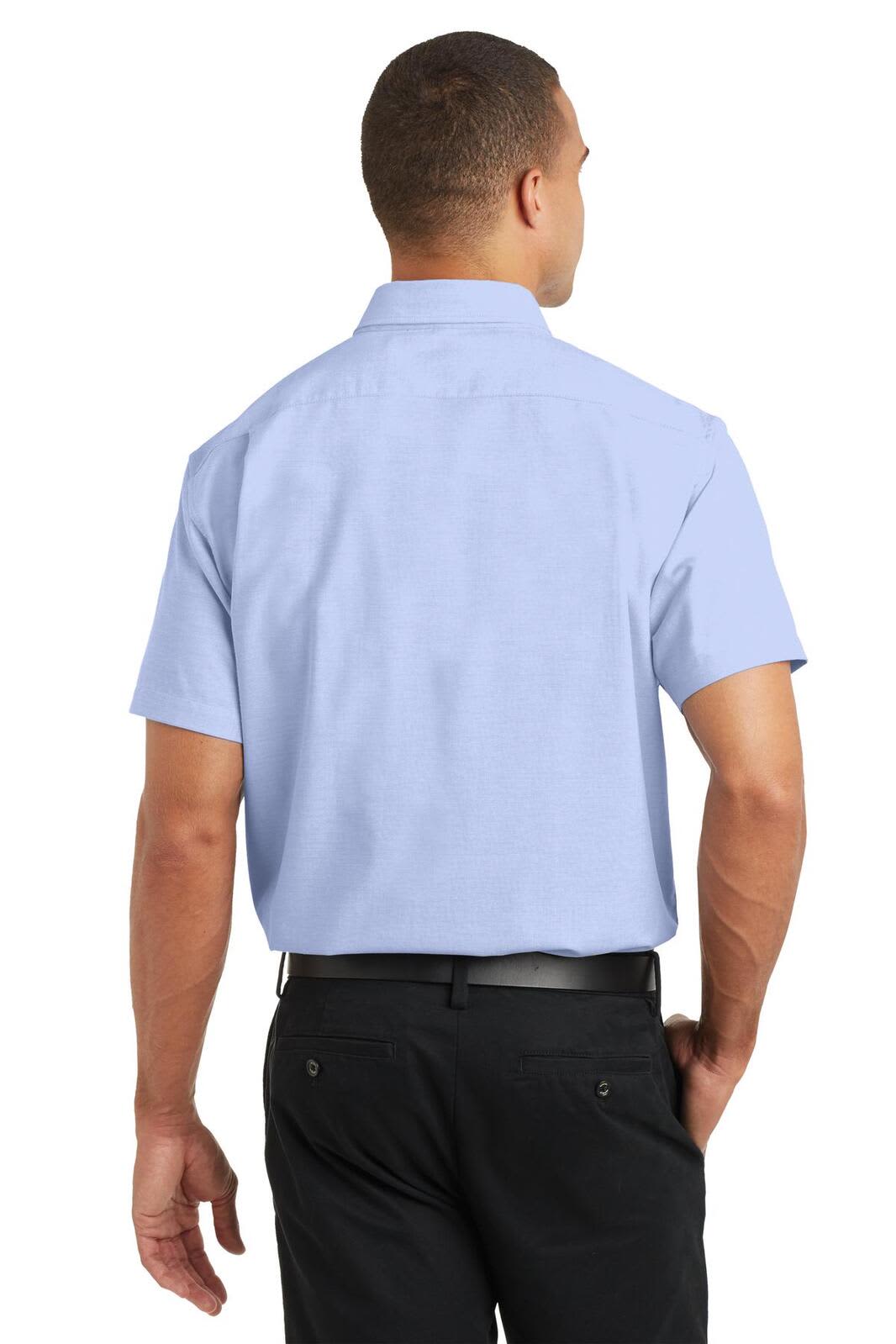 A short sleeve button-up shirt in light blue, featuring a back view and a logo on the upper back.