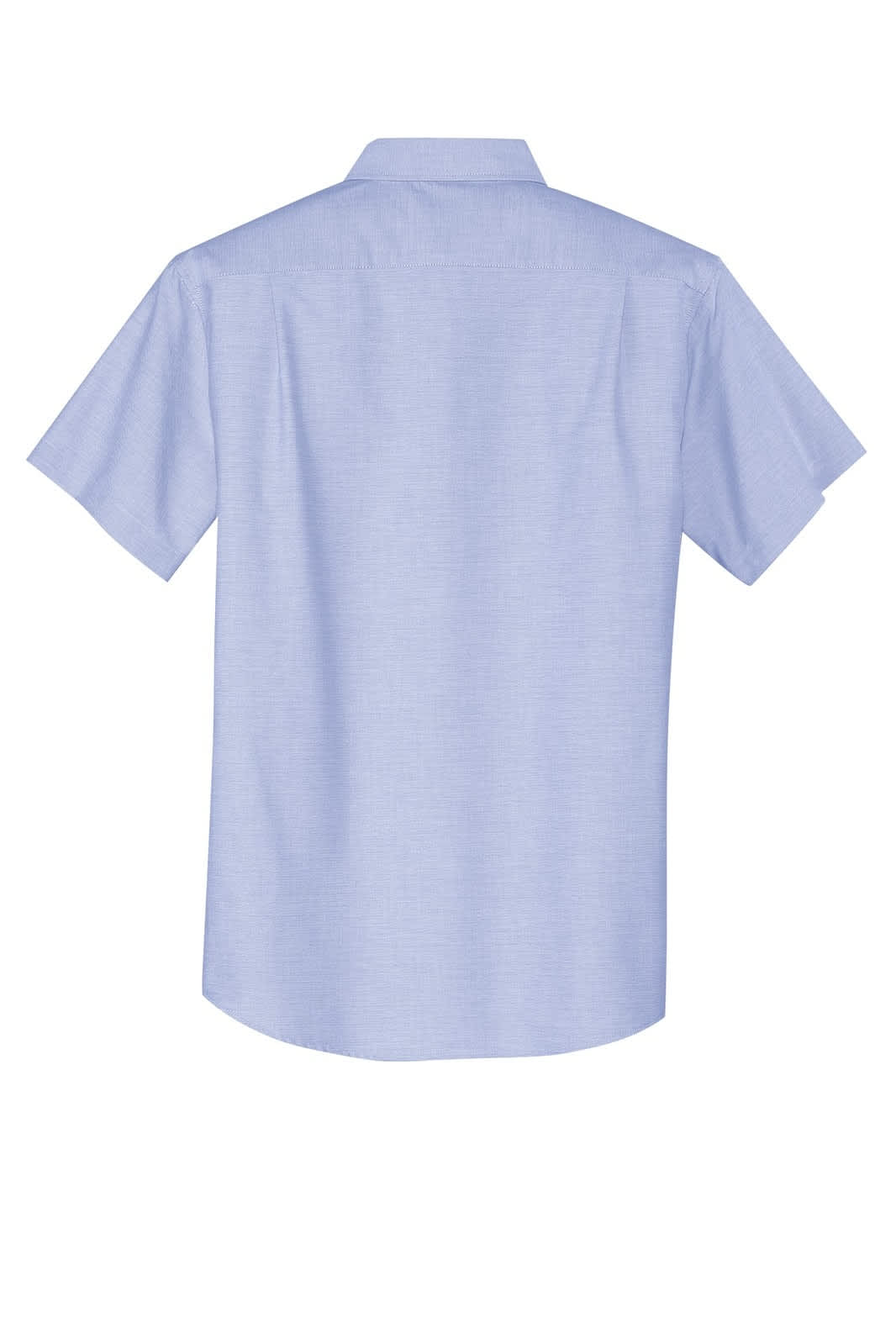 A light blue short sleeve button-up shirt with a classic collar and a branding logo on the back.