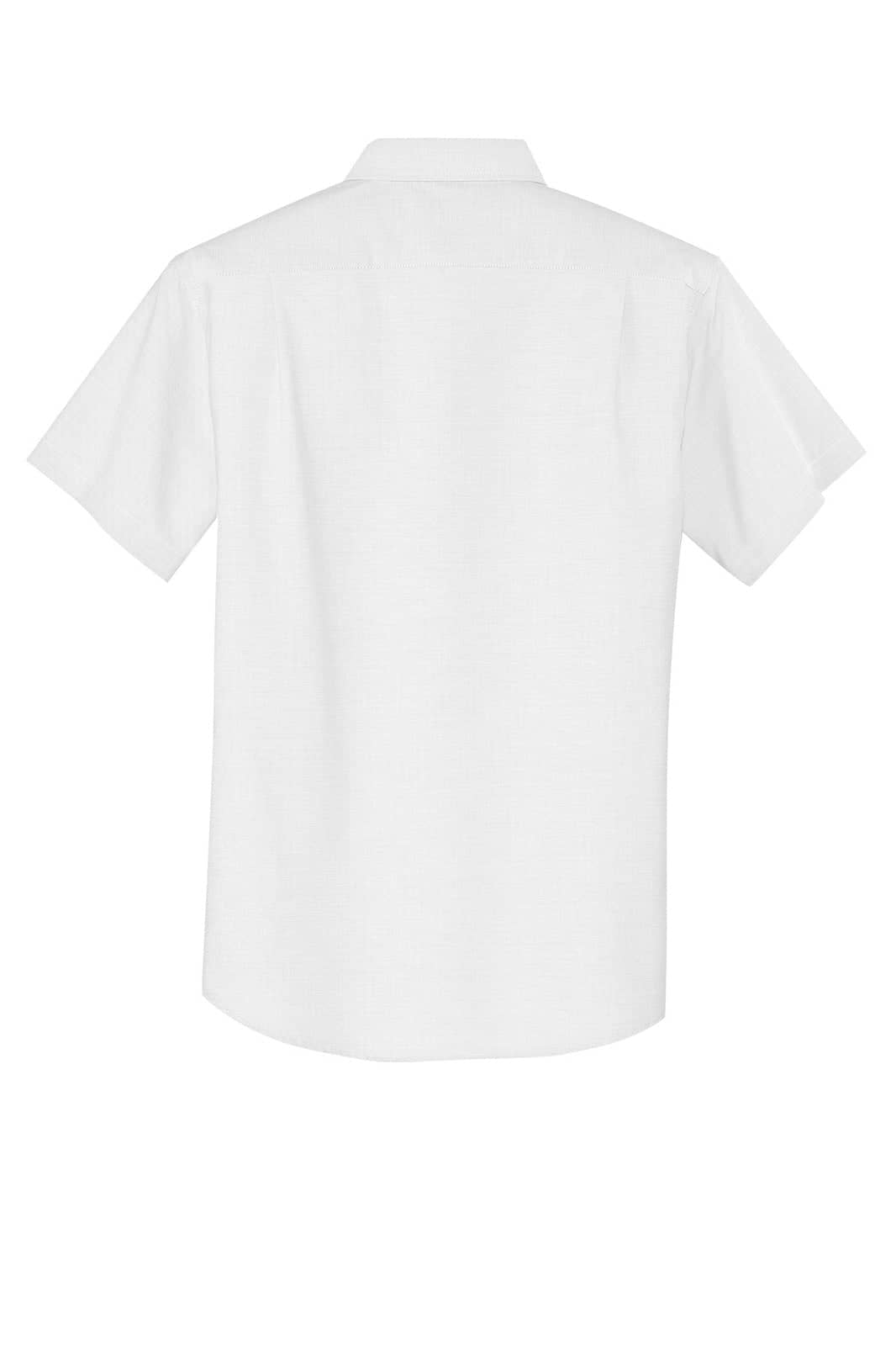 A white short sleeve button-up shirt featuring a back view and a logo.
