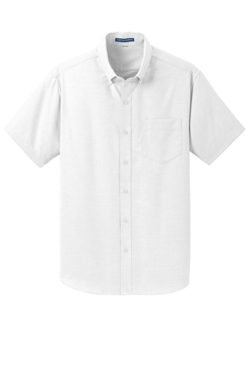 A short-sleeve, button-up Oxford shirt in white, featuring a single chest pocket and a logo on the label.