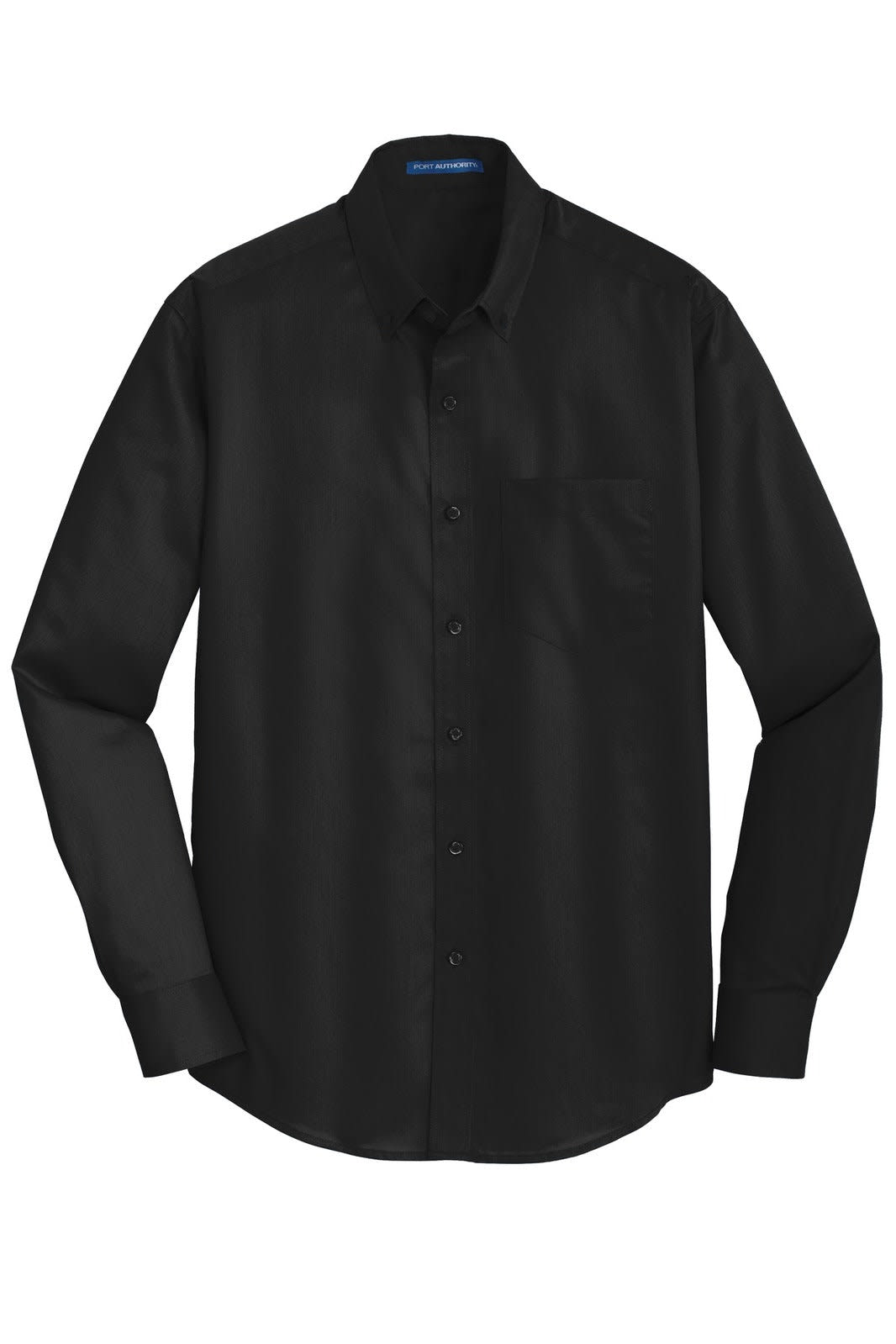 A black Port Authority SuperPro Twill shirt with a button-up front and long sleeves, featuring a pocket and a logo.