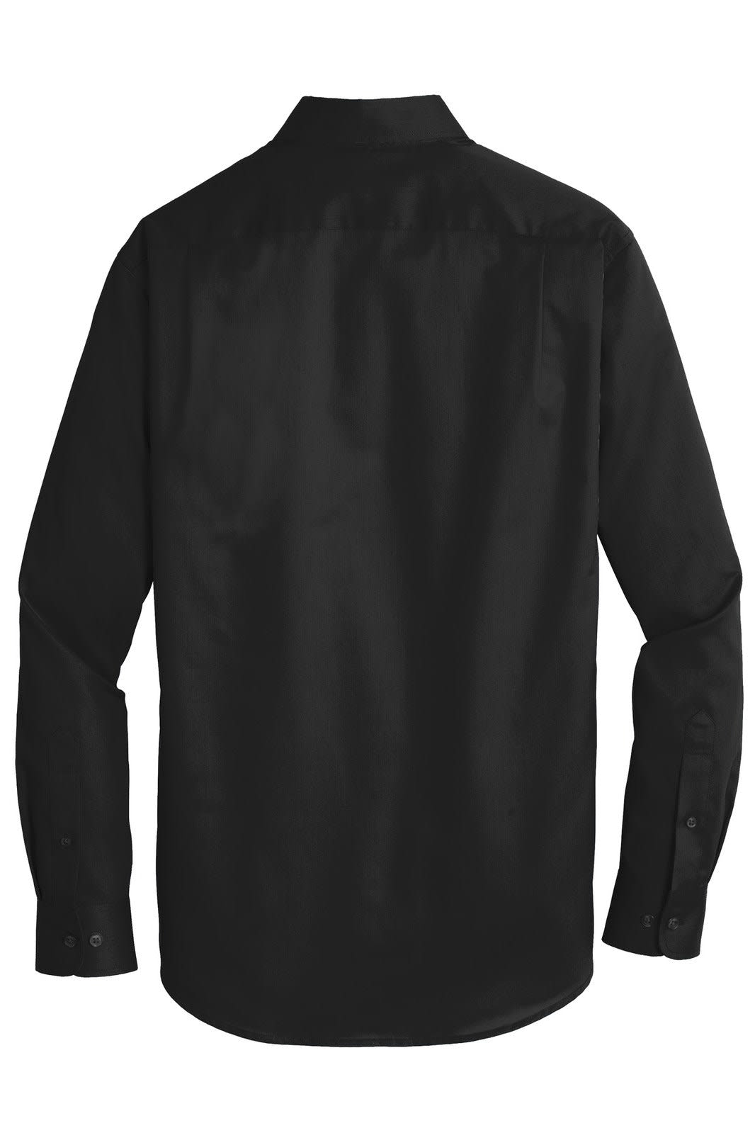 A black button-up shirt with long sleeves, featuring a collar and a logo on the back.