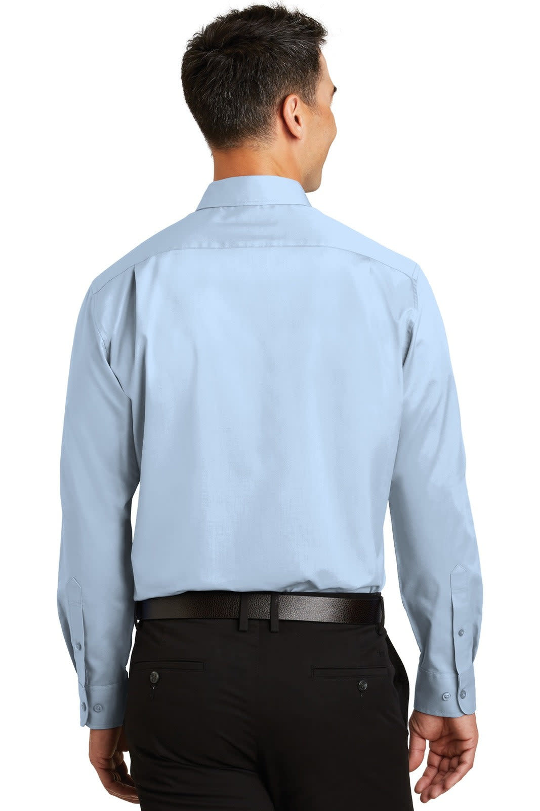 A light blue button-up shirt with long sleeves and a collar, featuring a logo on the back.