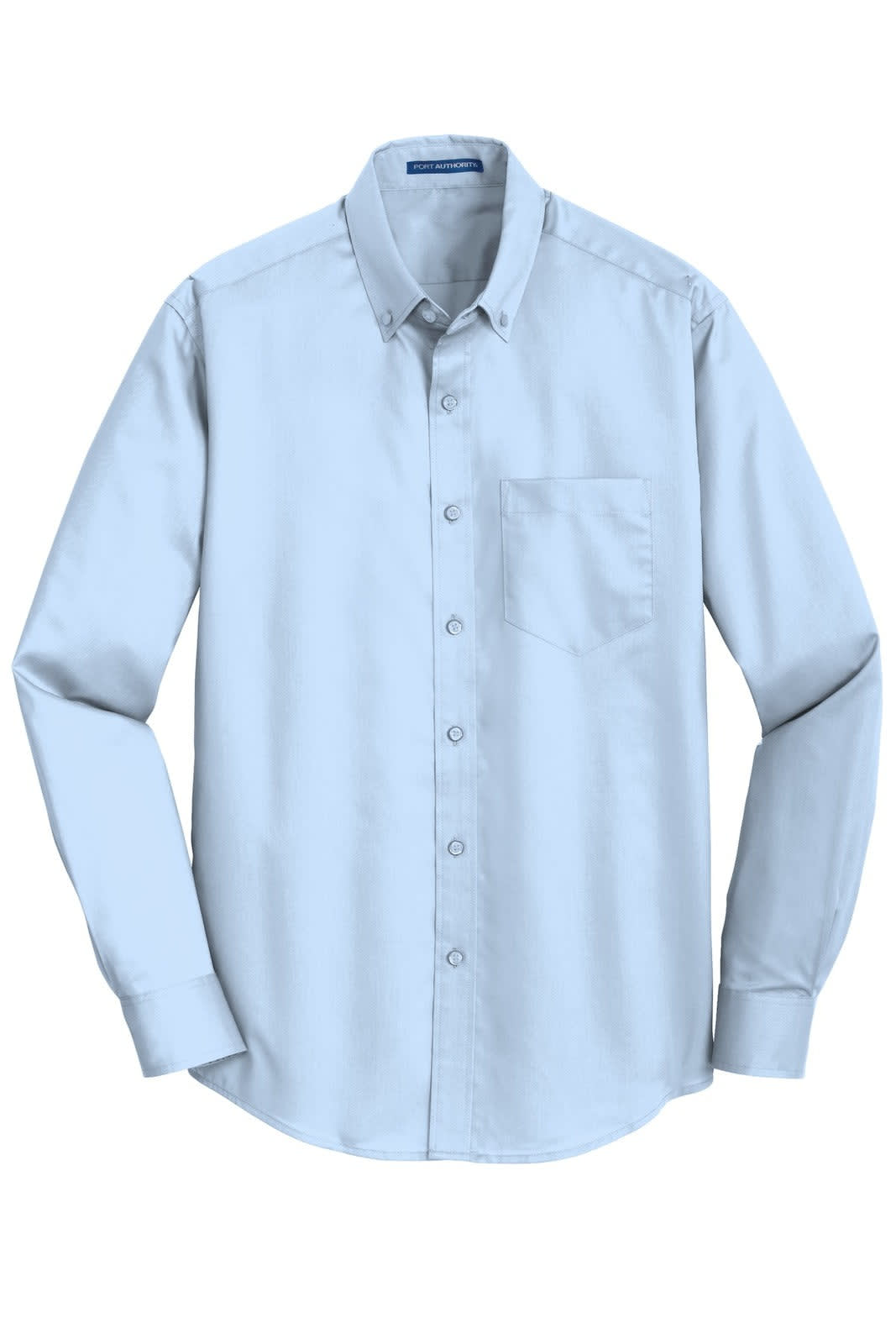 A light blue button-up shirt featuring a pocket and a logo. Ideal for formal or casual occasions.