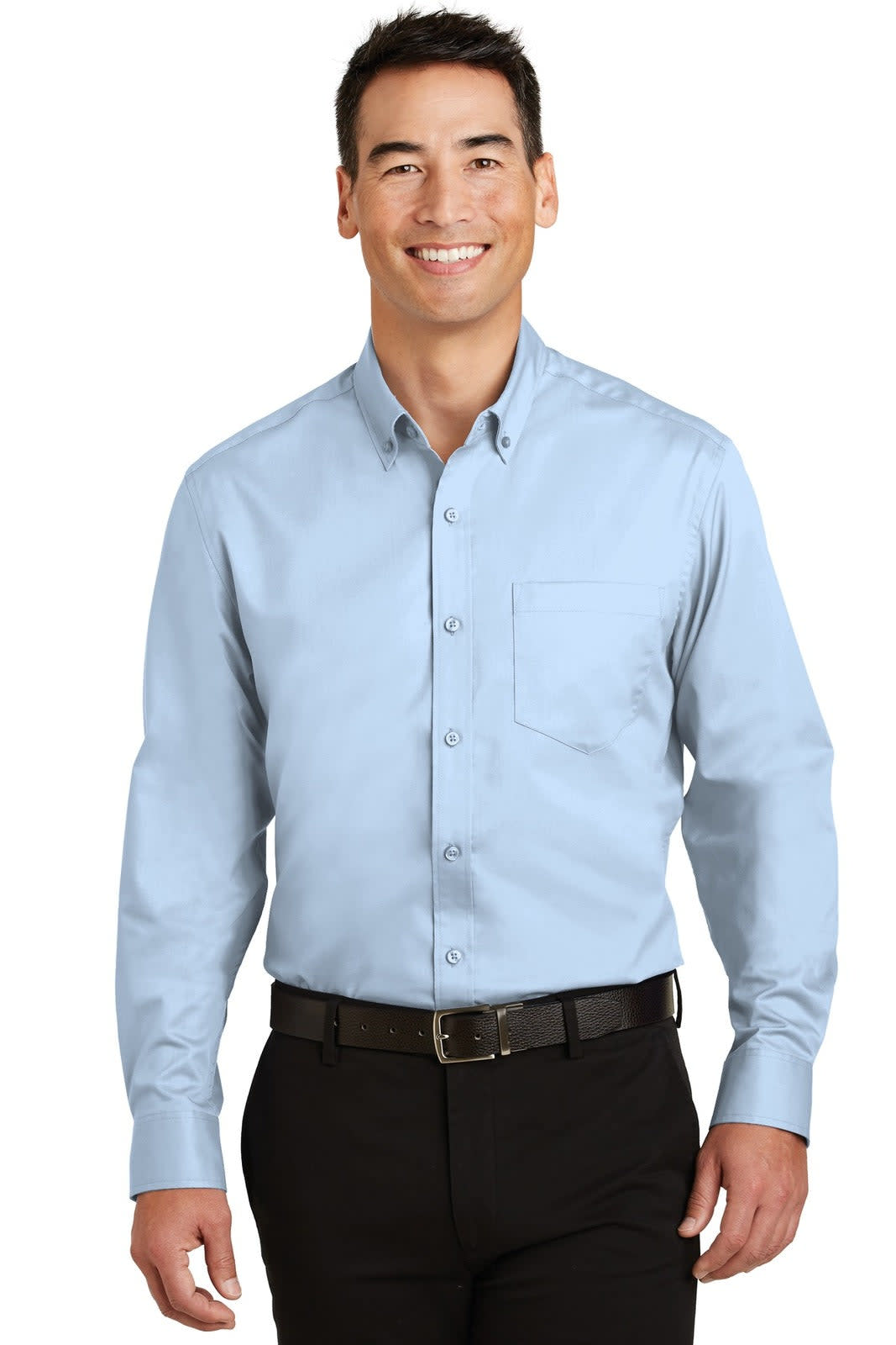 A light blue button-up shirt with a single chest pocket and a logo. Suitable for formal or casual wear.