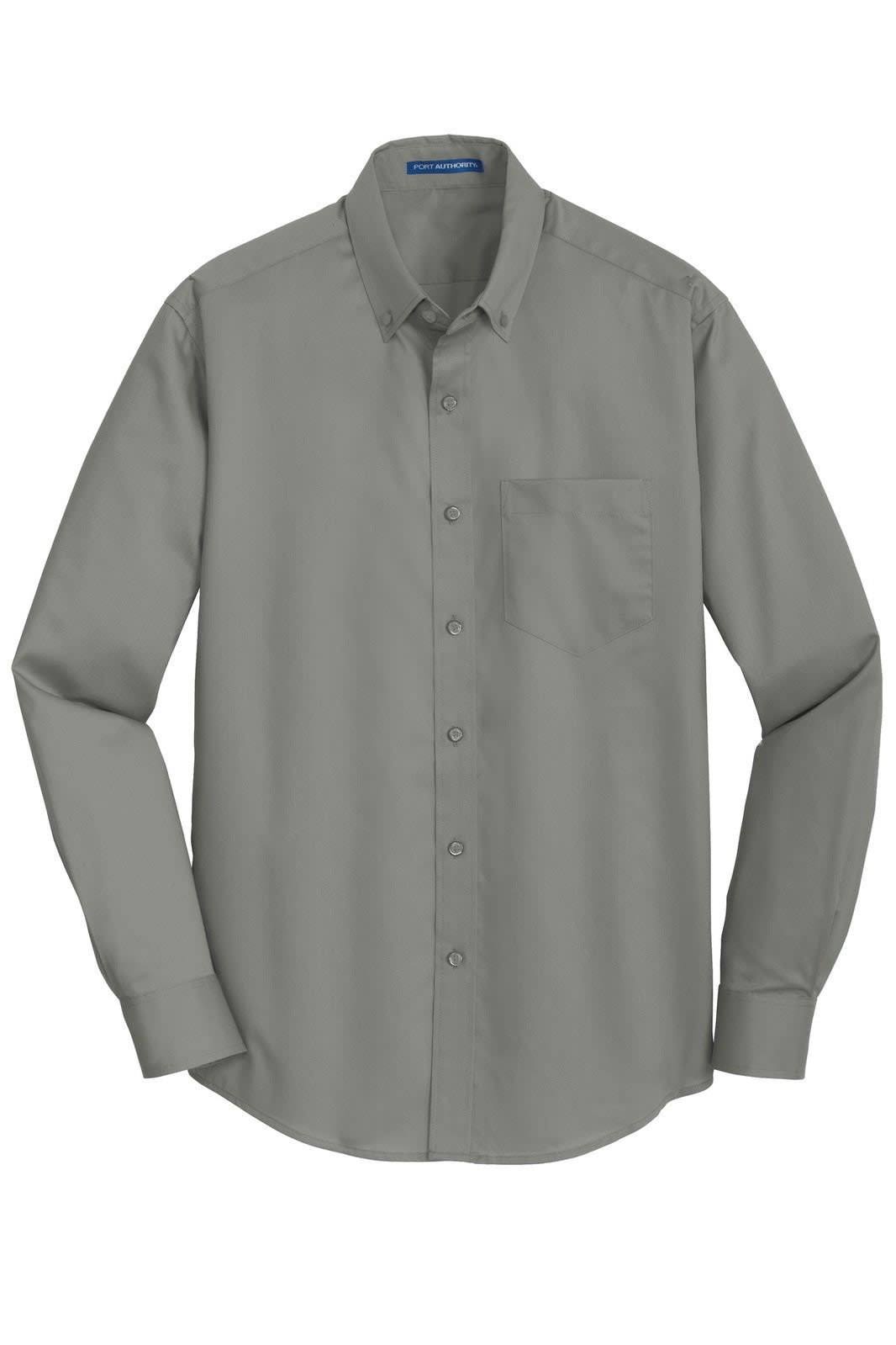 A long-sleeved, button-up shirt in a muted grey colour, featuring a pocket and a logo.