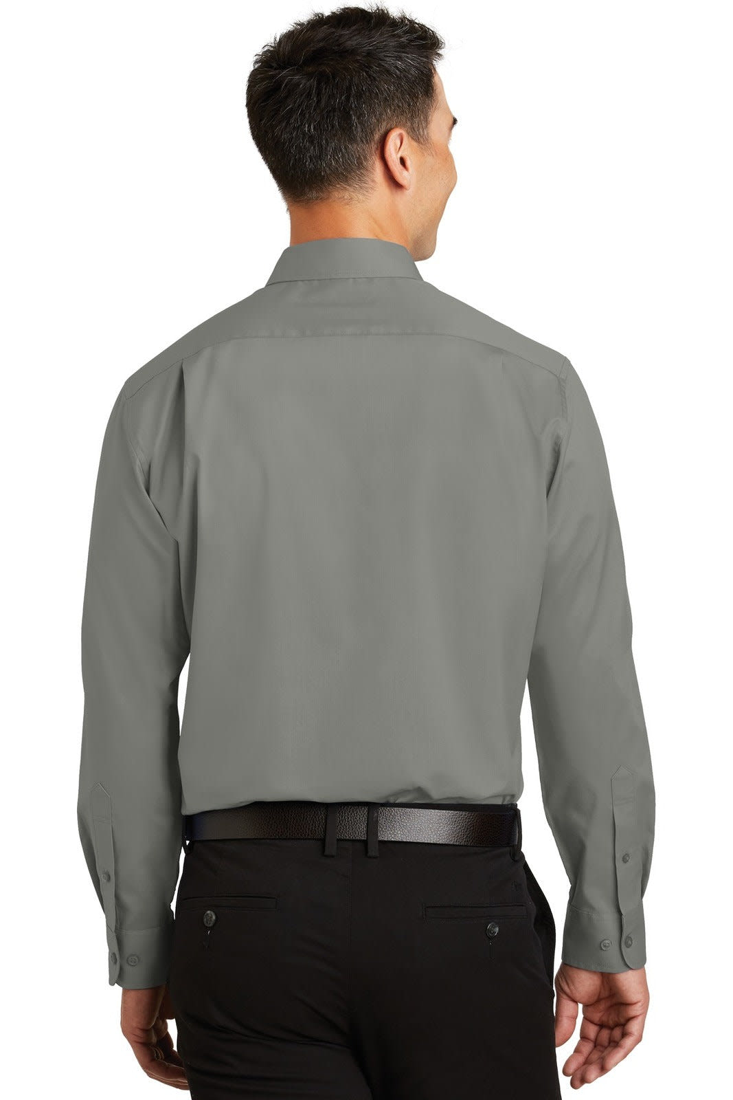 A button-up shirt in a grey shade, featuring long sleeves and a collar, with a logo on the back.