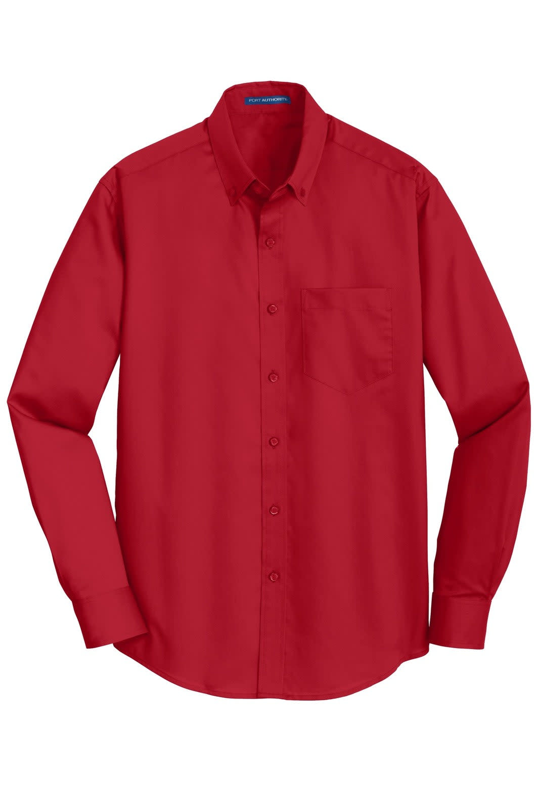 A red button-up shirt with a single chest pocket and long sleeves, featuring a logo on the collar.