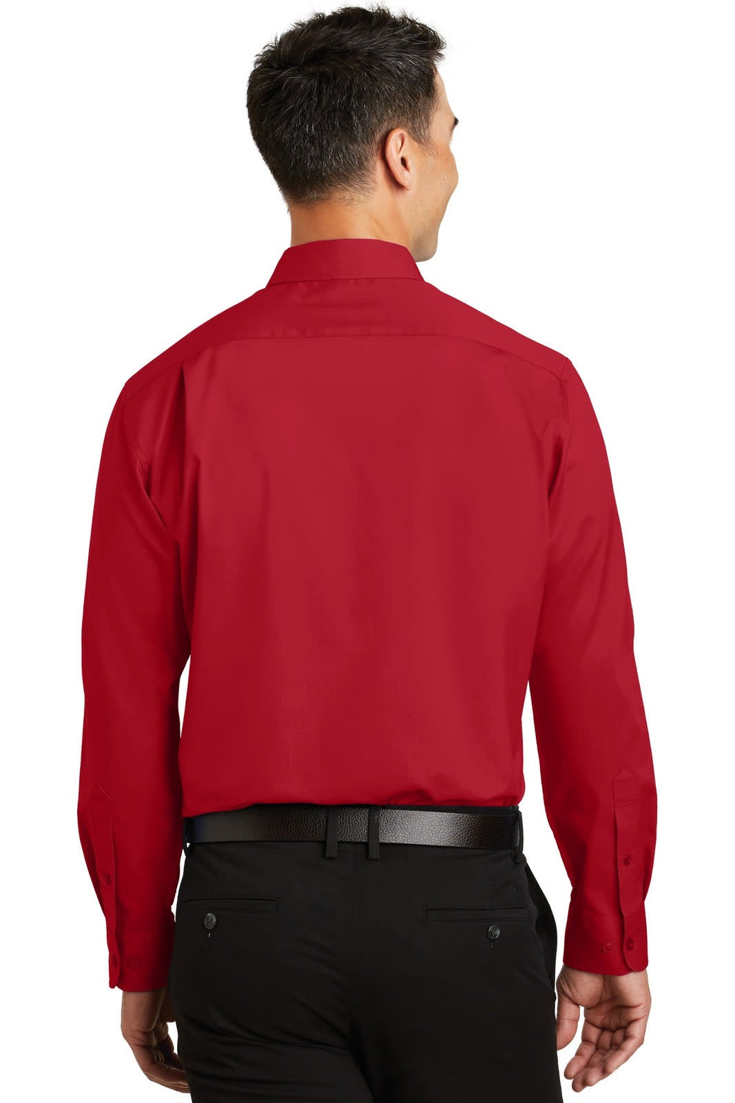 A red button-up shirt in a solid colour with long sleeves and a collar, featuring a branding logo.
