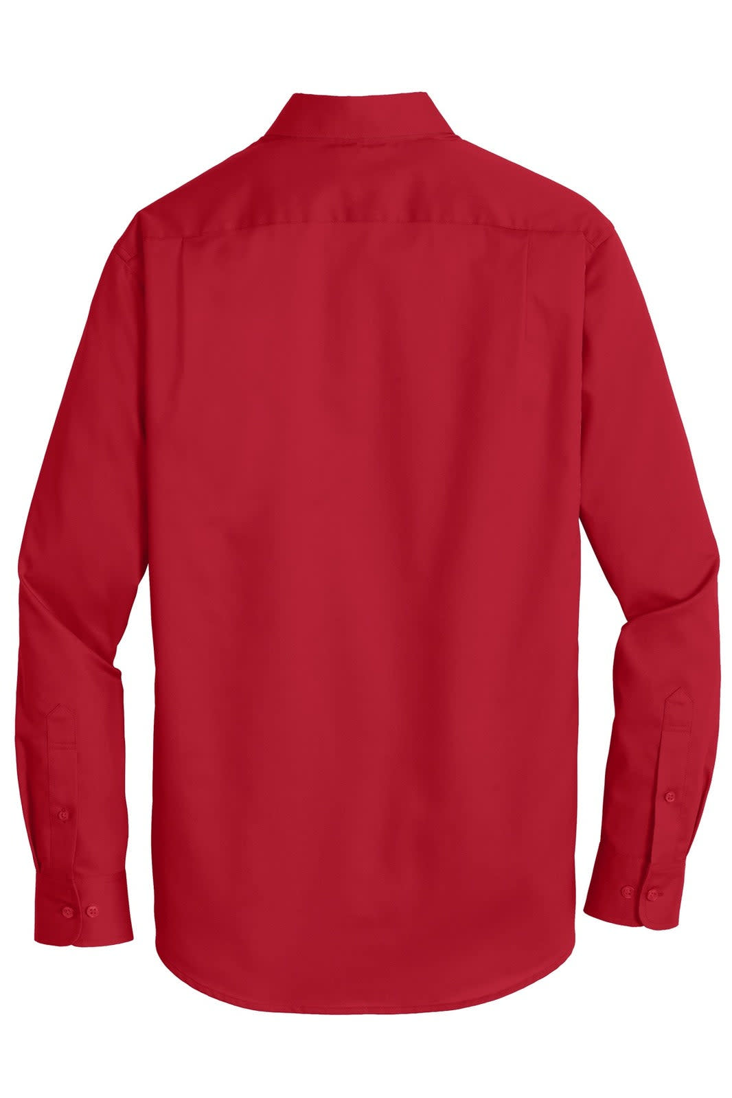 A red button-up shirt with long sleeves and a collar, featuring a logo on the back.