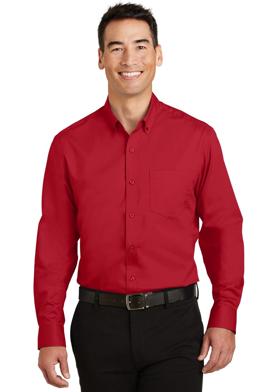 A red button-up shirt modelled by a man, featuring long sleeves and a chest pocket, with a branding logo.