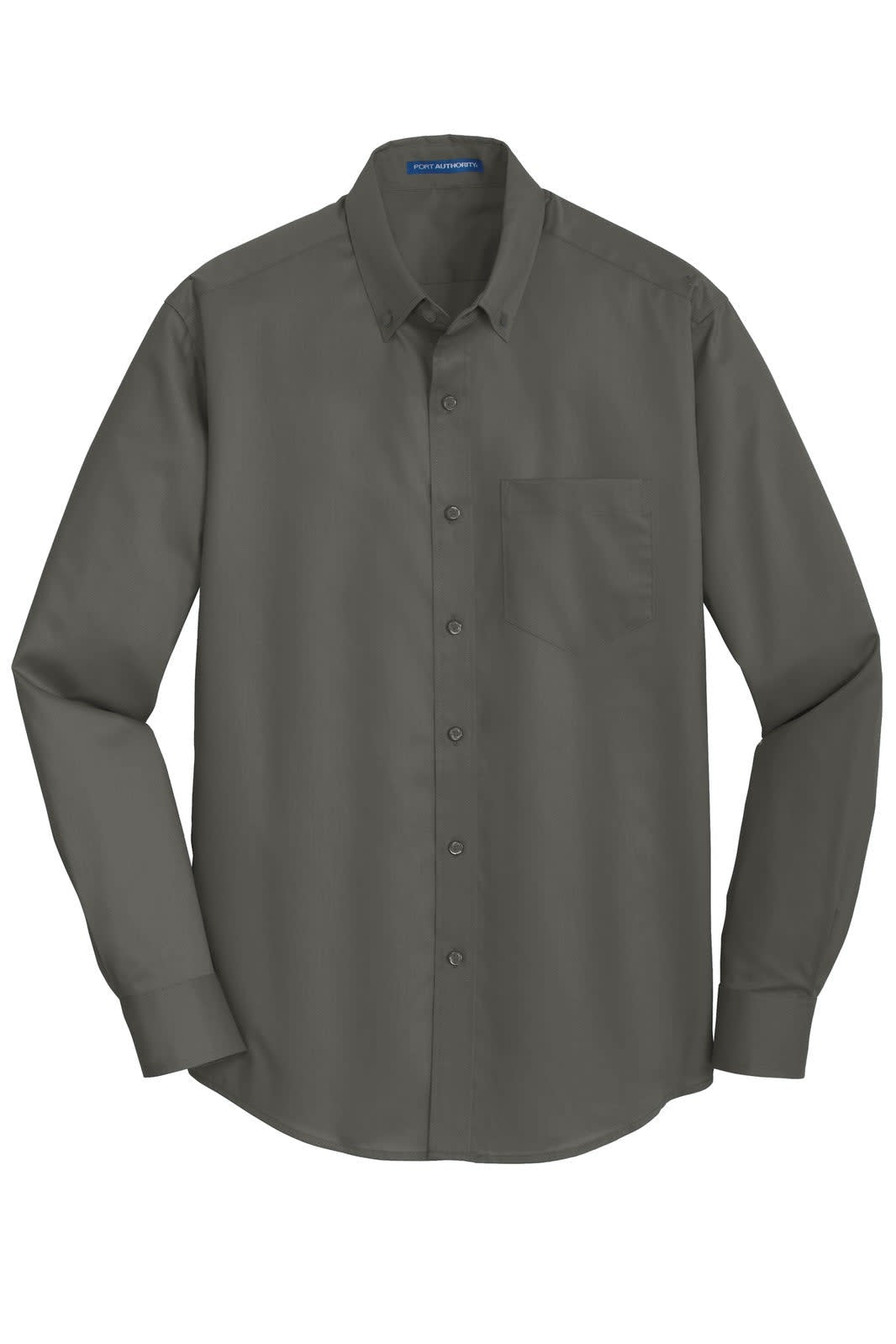 A button-up shirt in dark grey featuring long sleeves and a pocket on the left side. It has a logo present.