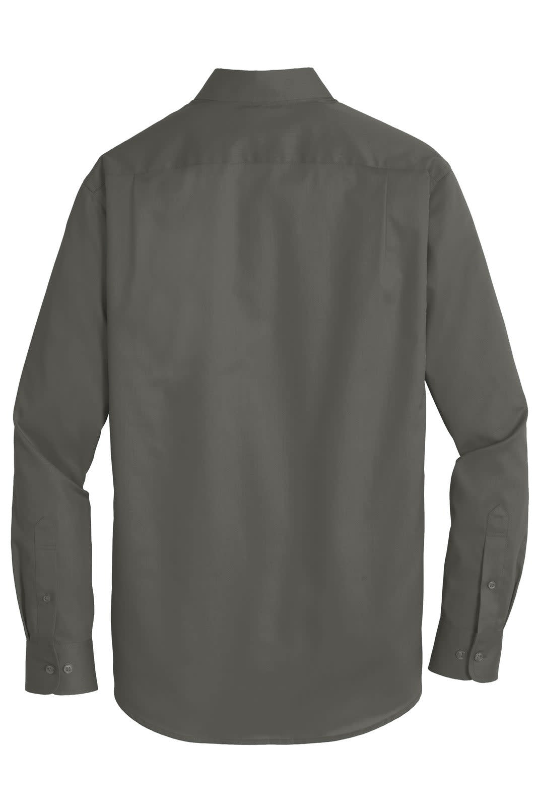 A button-up shirt featuring a back view in a dark grey colour, with long sleeves and a collar. It has a logo.