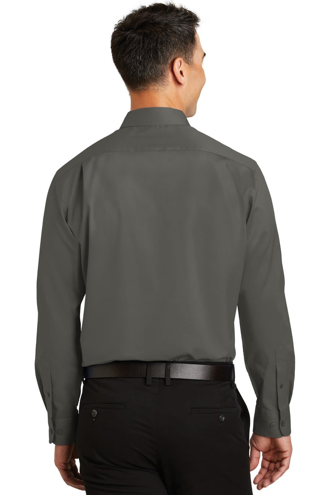 A smart, long-sleeved, dark grey button-up shirt with a collar and a branded logo on the back.