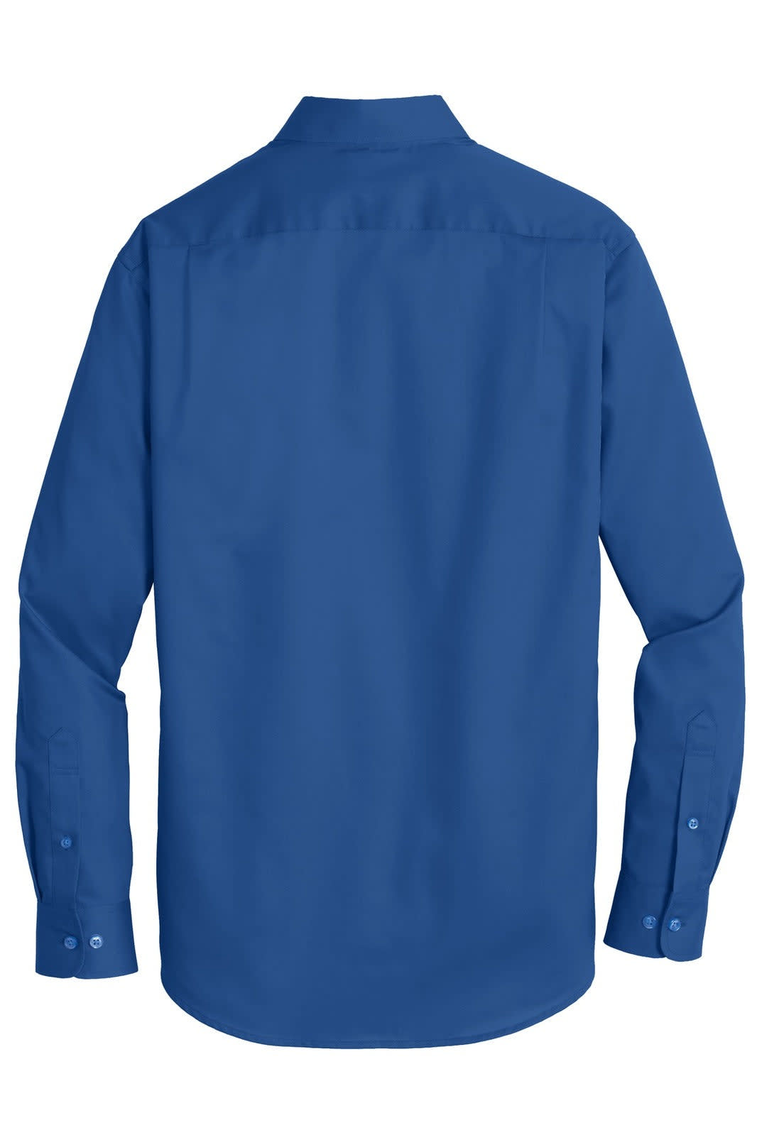 A blue button-up shirt with long sleeves and a collar, featuring a logo on the back.