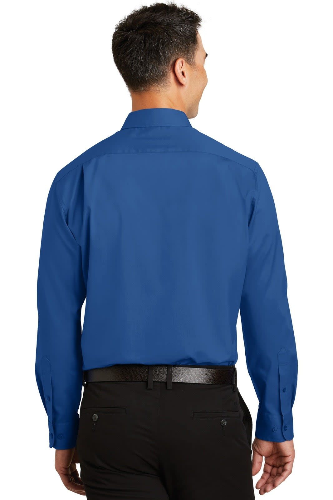 A blue button-up shirt with long sleeves and a collar, featuring a logo on the back.