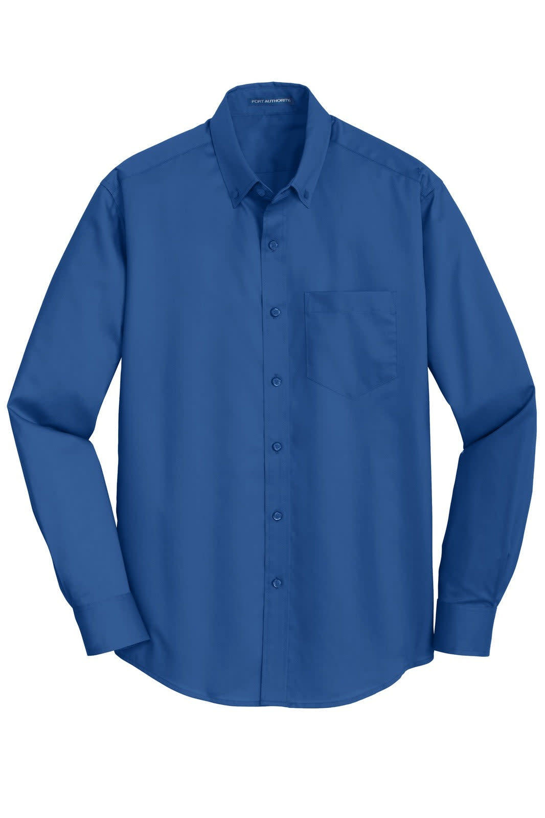 A blue button-up shirt with long sleeves and a chest pocket, featuring a logo.