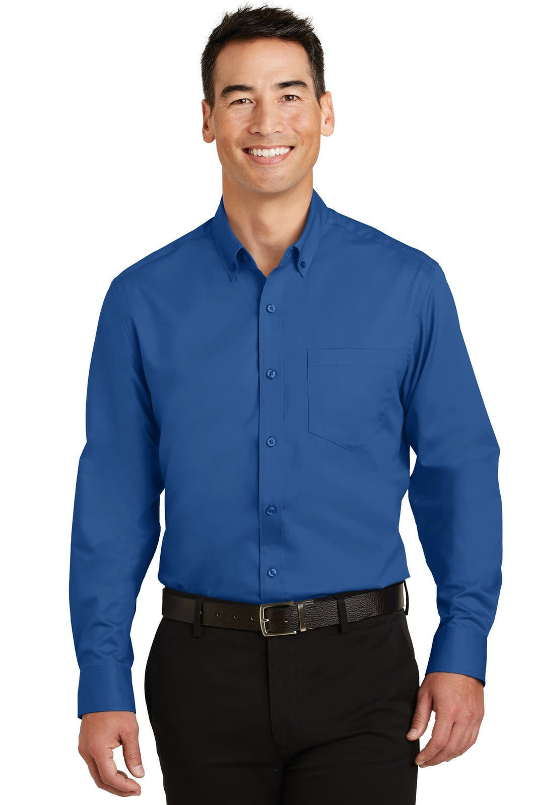 A blue button-up shirt with a collar and a single chest pocket, worn by a smiling man.