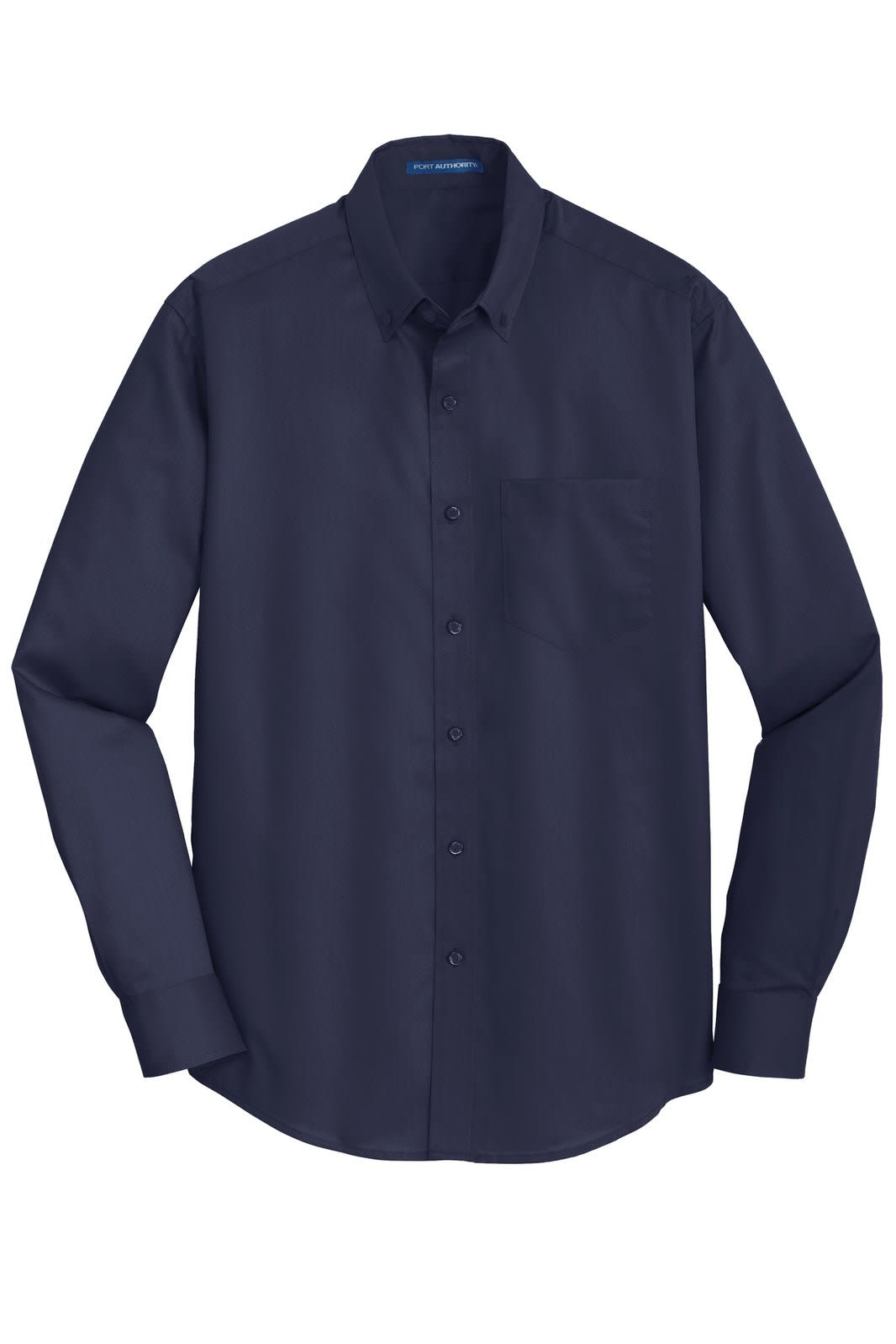 A navy blue button-up shirt featuring a collar, long sleeves, and a single chest pocket with a logo.