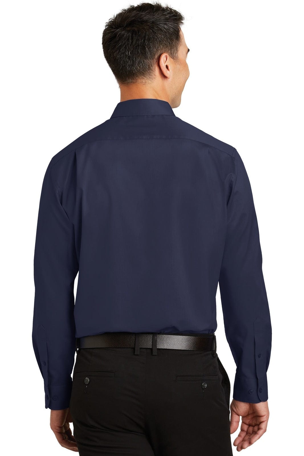 A navy blue button-up shirt with long sleeves, featuring a back view and a collar. It has a logo on the back.