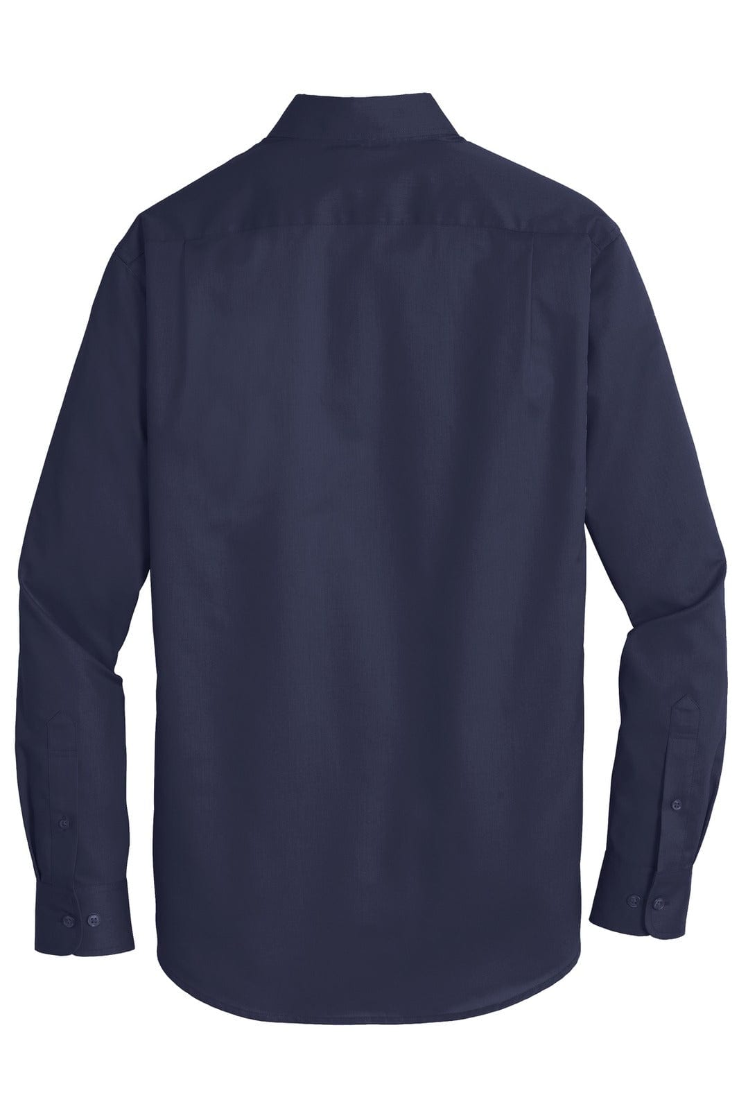 A navy blue button-up shirt featuring a collar and long sleeves, with a plain back and buttons at the cuffs.