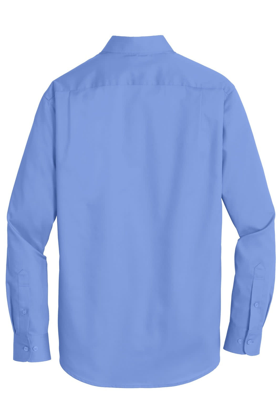 A blue button-up shirt with long sleeves and a back view. The shirt has a collar and button details.