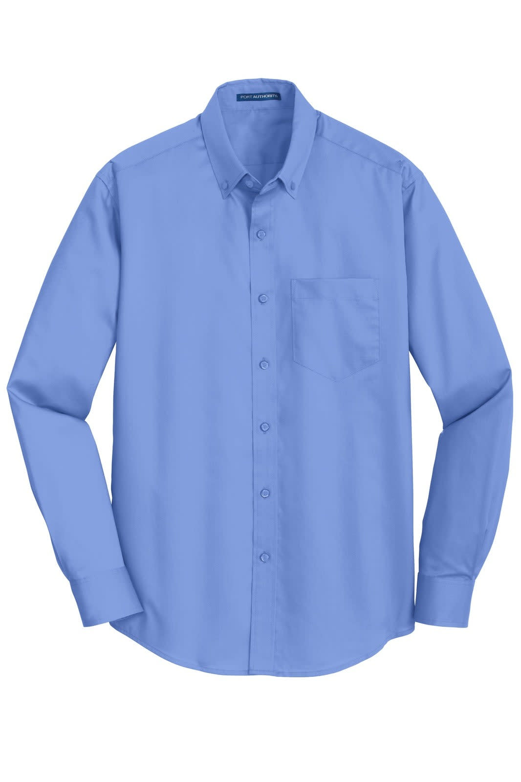 A blue button-up shirt with a chest pocket and long sleeves, featuring a collar and a logo on the label.