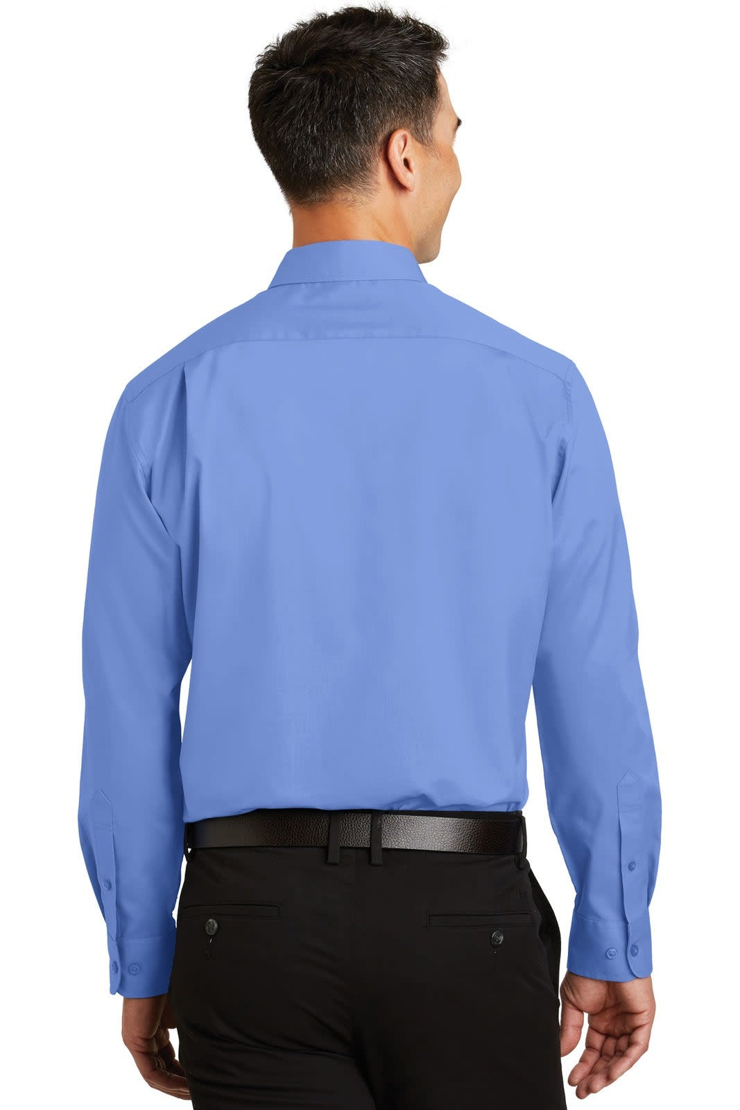 A blue button-up shirt with long sleeves and a back view, featuring a collar and a logo.