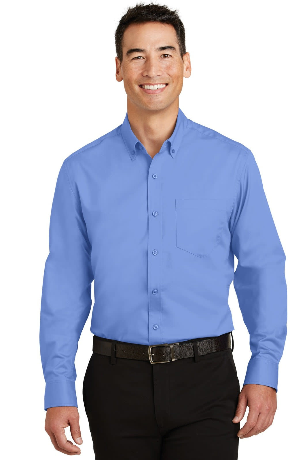 A blue button-up shirt with a pocket, featuring long sleeves and a collar, worn by a smiling man.