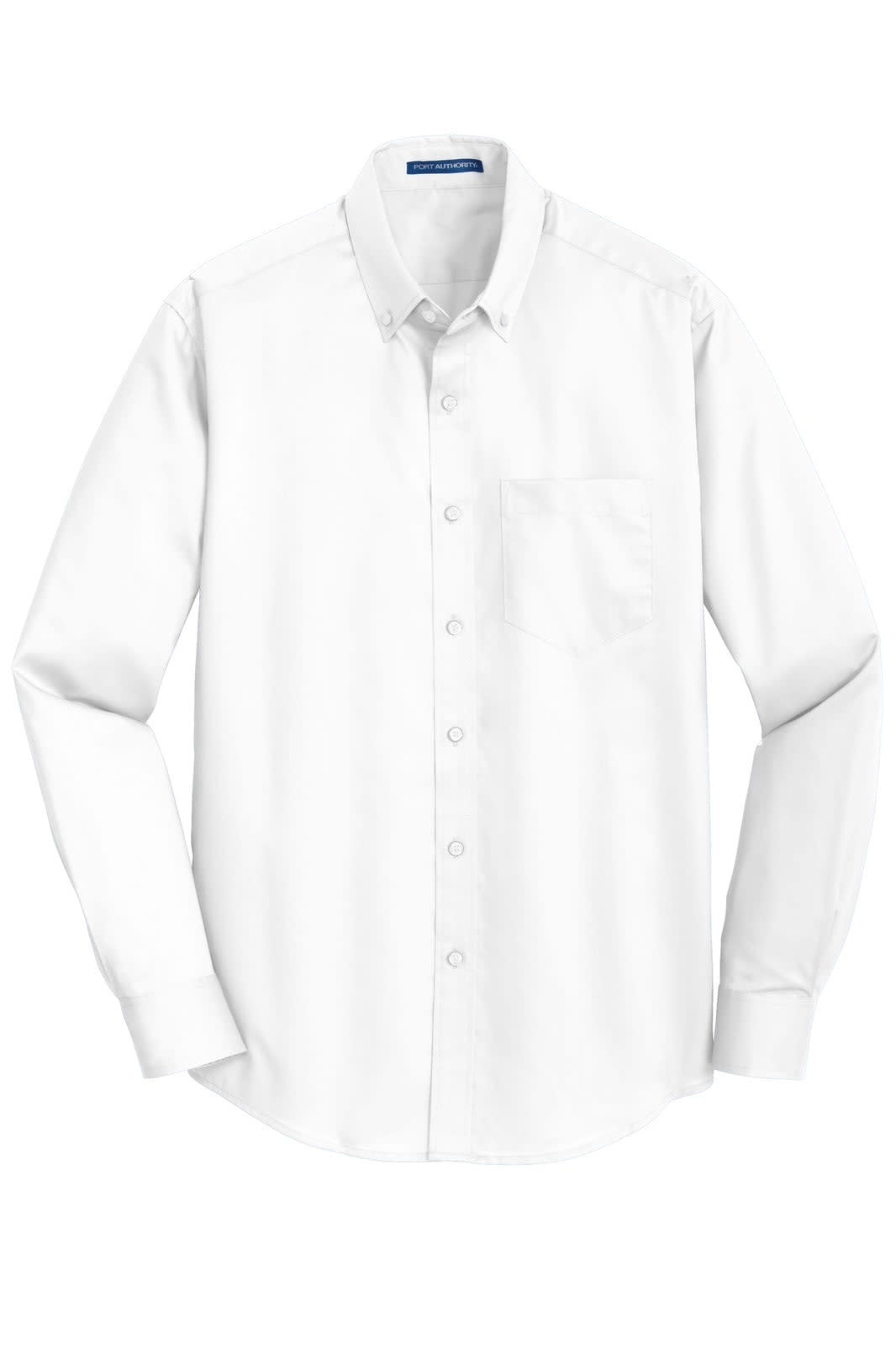 A white button-up shirt with long sleeves and a pocket, featuring a logo on the collar.